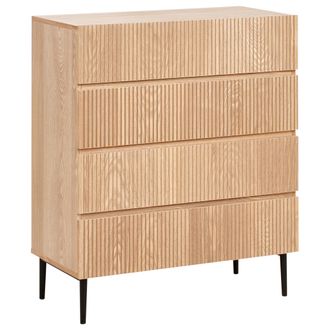 Beliani C&oacute;moda Moderna 4 Cajones Frente Acanalado Mdf Sala De Estar Dormitorio Madera De Fresno Natural Blythe