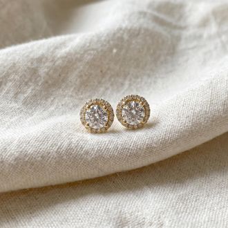 Pompeii3 1 Ct Halo Diamond Studs 10K yellow Gold