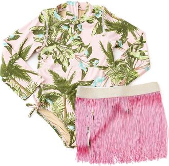 Shade Critters Kids Blush Tropics One-Piece Rashguard Swimsuit & Fringe Cover-Up Skirt Set in Pink at Nordstrom, Size 18-24M