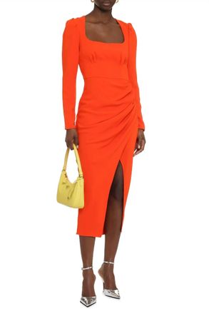 Self Portrait Crepe Ruched Midi Dress In Orange