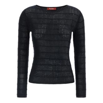 Max Mara Trui van wol en zijde met platte ribbels - Dames - Ronde hals truien - Blauw - L - Wol - Truien & Vesten