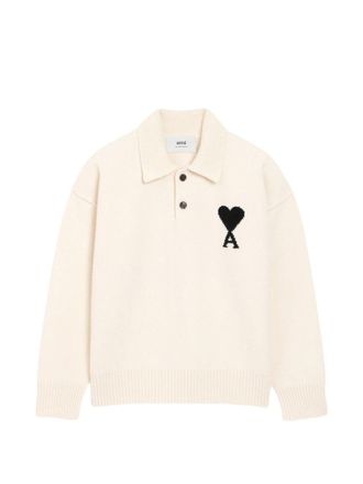 Ami Creamy Off-White Knit Sweater with Classic Polo Collar