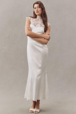 BHLDN Cap-Sleeve Lace Stretch Satin Maxi Dress