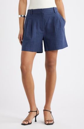 Open Edit Everyday Pleated Linen Blend Shorts in Navy Indigo at Nordstrom, Size 10