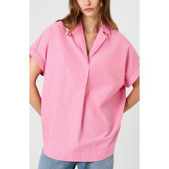French Connection Rhodes Stripe Short Sleeve Poplin Popover Shirt in Guava Pink at Nordstrom, Size X-Small