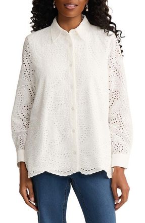 Jones New York Cotton Eyelet Button-Up Shirt in Natural White at Nordstrom, Size X-Large