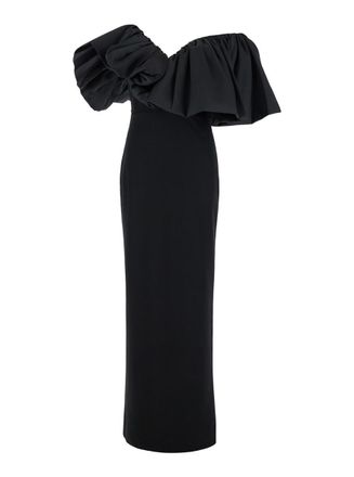 Solace London Cassia Black Maxi Dress With Asymmetric Neckline And Ruched Details In Tech Fabric Woman