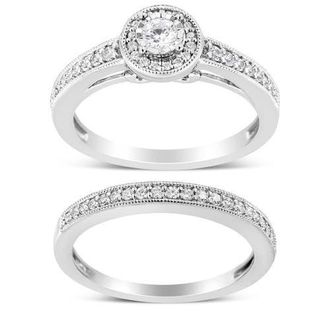 House of Brilliance Silver 1/2 Ctw Diamond Halo & Milgrain Engagement Ring Bridal Set at Nordstrom, Size 7
