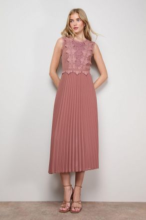 Oasis Womens Lace Trim Detail Pleated Midi Dress - Champagne Cotton - Size 14 UK