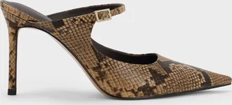 Charles & Keith Snake-Print Buckle-Strap Mules