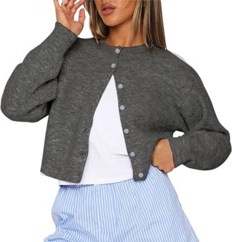 Generic Cropped Cardigan Sweater for Women Crew Neck Long Sleeve Button Up Sweaters 2025 Lightweight Knit Trendy Top Dark Grey