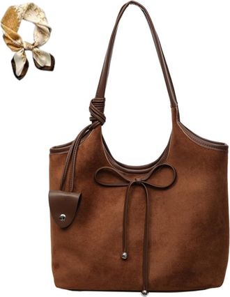 Generic Women Bow Suede Shoulder Purse,Vintage PU Bow Tote Bag,Casual Trendy Fall Large Capacity Hobo Handbag for Work Daily