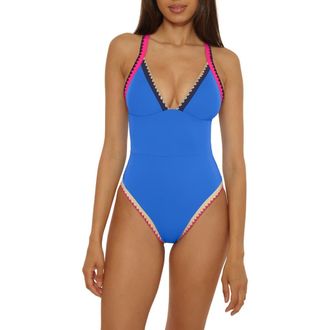Lucky Brand Avila Embroidered Trim Colorblock Binding One-Piece Swimsuit in Peacock at Nordstrom, Size Medium