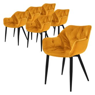 ML Design Ml-design - Set 6x Sillas De Comedor Con Respaldo Y Reposabrazos Asiento Amarillo Mostaza Tapizado Con Funda De Terciopelo Patas De Metal Sill&oacute;n Dise&ntilde;