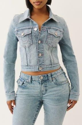 True Religion Jesse Crop Denim Trucker Jacket in Light Sparklin Pear Wash at Nordstrom Rack, Size Small