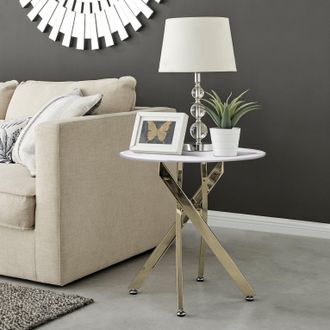 Furniturebox Novara Round Marble Effect Glass Top Side Table With Gold Metal Starburst Legs in White