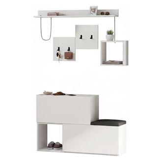 Dmora Mueble De Entrada Lariana, 8 Pares, 2 Estantes, Perchero, 120x17x76h Cm Blanco