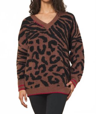 Ocean Drive Clothing V-Neck Jacquard Sweater In Wild Caramel W/ Red