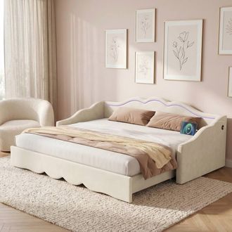 Merax Extendable 3FT Single Velvet Daybed with LED Light & Charging Ports in Beige