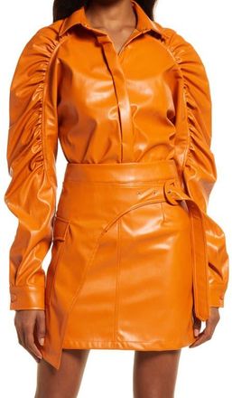 Amy Lynn Ruched Puff Sleeve Faux Leather Shirt in Tan at Nordstrom, Size Small