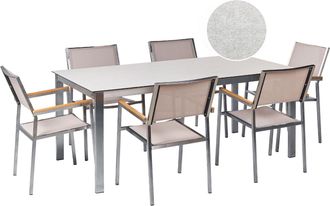 Beliani Conjunto De Jard&iacute;n Moderno 6 Plazas De Acero Inoxidable Mesa Comedor Tablero De Vidrio Blanco Sillas De Textileno Beige Cosoleto/grosseto