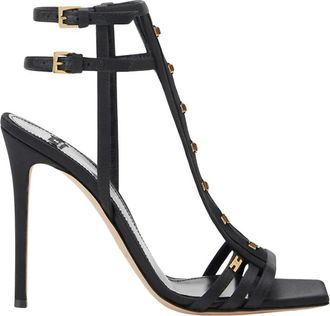 Elisabetta Franchi Sandali in raso con ganci - Dames - Sandalen met hakken - Zwart - 38 1/2 EU - Leer - Schoenen