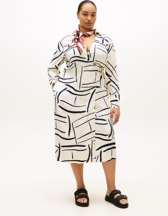 Tommy Hilfiger Shirtkleid TOMMY HILFIGER CURVE CRV VIS TWILL MIDI SHIRT DRS LS, Damen, Gr. 48, N-Gr, flag feathers calico, Jersey, Obermaterial: 100% Viskose, bedruc