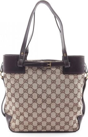 Gucci Beige Brown Canvas Leather Handbag Tote Bag (Pre-Owned)