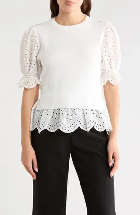 Nanette Lepore Eyelet Puff Sleeve Twofer Sweater in White at Nordstrom Rack, Size X-Large