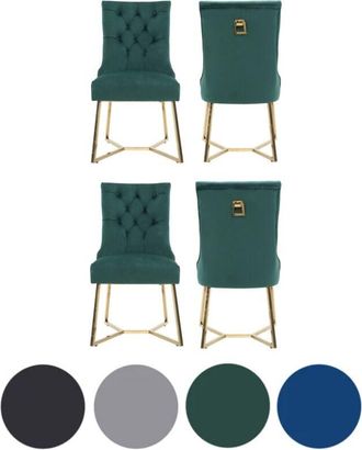 Life Interiors Set of 4 Green Ambra Modern Velvet Dining Chairs with Gold Legs & Ring Handle - Tufted Back, Plush Foam Seat, Luxury Accent Chair