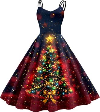 Generic Womens Elegant Christmas Dress with Spaghetti Straps Christmas Dresses Christmas Tree Pattern Party Dress Hepburn A-line Christmas Costumes Cocktail D