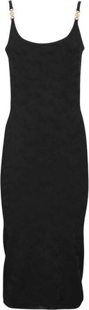 Versace Kleedjes, Dames, Zwart, S, Geribbelde randen midi-jurk met jacquardmotief