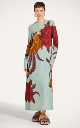 La DoubleJ Long Sleeve Swing Dress in Peony Plac&eacute;e Light Blue at Nordstrom, Size X-Large