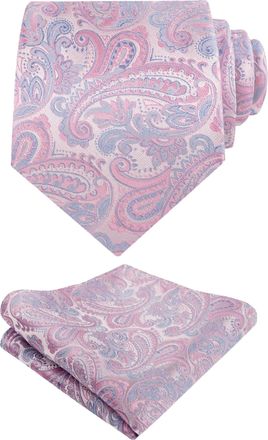 Alizeal Handmade Paisley Floral Tie with Pocket Square Set, Pink+Blue