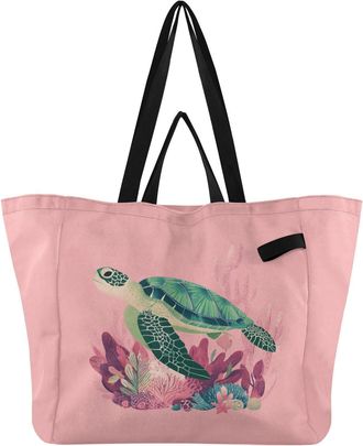 Generic Coral Reef Turtle Pink pattern Reusable Canvas Tote Bag, Heavy Duty Grocery Shopping Bag with Hard Bottom Double Handles Large Capacity Work Groceries