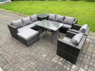 Fimous 9 Seater Wicker Rattan Outdoor Furniture Lounge Sofa Garden Dining Set with Dining Table 2 Armchairs in Dark Grey