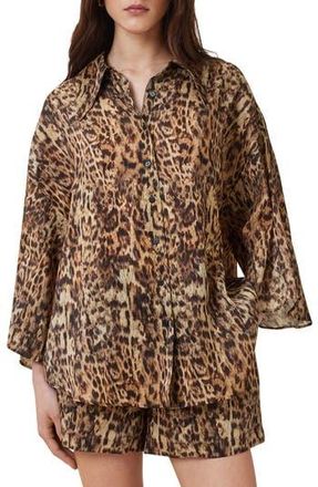 AllSaints Charli Leopard Print Linen & Silk Button-Up Shirt in Evia Golden Brown at Nordstrom Rack, Size 6 Us / 10 Uk
