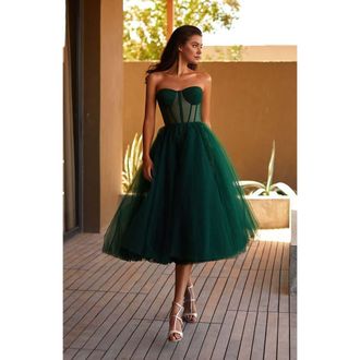 Milla Strapless Puffy Tulle Midi Formal Occasion Dress in Emerald Green at Nordstrom, Size 6