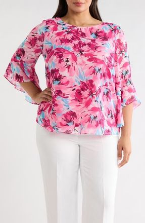 Kasper Floral Print Ruffle Top in Lily White Multi at Nordstrom, Size 3 X