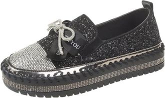 Generic Womens Platform Slip-on Loafers,Elegantes Glitter Sneakers for Women Dressy Cute Bowknot Flat Walking Loafers (B-Black,6.5)