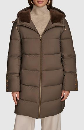 DKNY Water Resistant Hooded Down Puffer Coat in Hickory at Nordstrom, Size X-Large