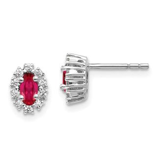 Diamond2Deal 14k Gold 1/5 Ct Lab Grown Diamond and Oval Created Ruby Halo Stud Earrings