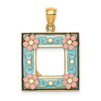 Diamond2Deal 14k Yellow Gold Enamel Aqua Floral Picture Frame Charm