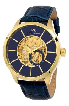 Porsamo Bleu Mens Cassius Automatic Croc Embossed Leather Strap Watch, 45mm in Gold at Nordstrom Rack