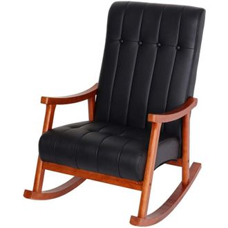 Hhg Sedia a dondolo nordica elegante 624 97x62x82cm legno scuro ecopelle nero