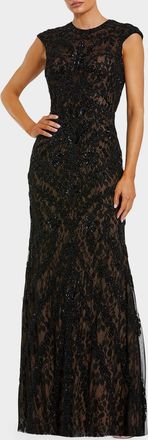 Mac Duggal Beaded Lace Cap-Sleeve Column Gown