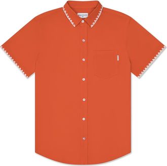 MAVRANS Weekend Crochet Trim Short Sleeve Button-Up Shirt in Orange at Nordstrom, Size Xx-Large