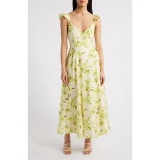 Chelsea28 Flutter Sleeve Maxi Dress in Beige- Green Shadow Bloom at Nordstrom Rack, Size Xx-Large