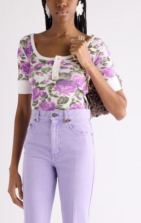 Chlo&eacute; Rose Print Rib Jersey Henley in White - Purple at Nordstrom, Size Medium