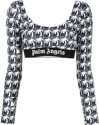 Palm Angels palm-print cropped top - women - Polyester/Spandex/Elastane - S - Black